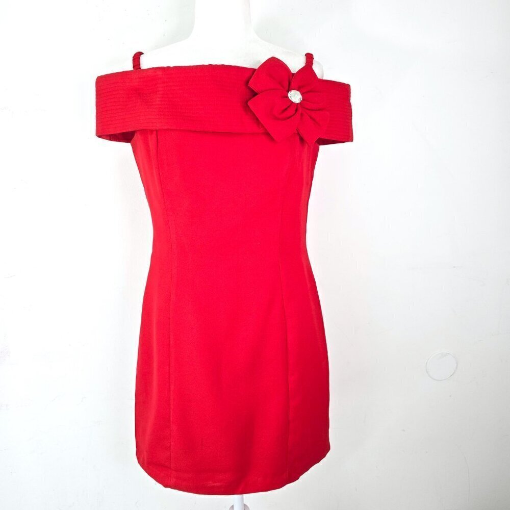 Vintage 80s Betsy A Adam Red Bow Crystal Off Shoulder Cocktail Dress